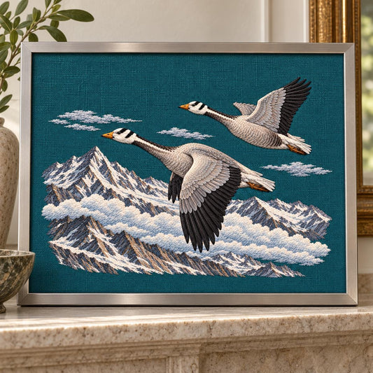Bar-headed Goose Pair embroidery design shown in a digital mockup of A landscape embroidered panel in a narrow brushed-metal desk frame with generous teal linen margin, on a stone mantel, whole frame shown. Study 64.