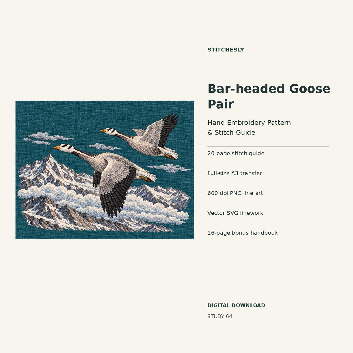Bar-headed Goose Pair hand embroidery digital package cover showing the reference artwork and included guide, transfer, PNG, SVG and bonus handbook.