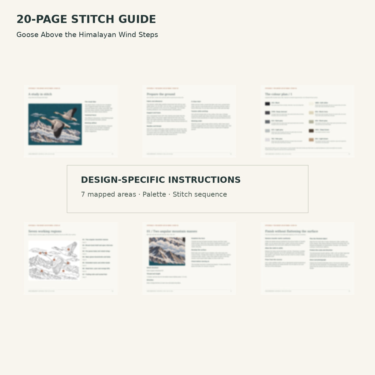 Protected page overview of the 20-page Bar-headed Goose Pair stitch guide, including its numbered map, suggested palette and working sequence.