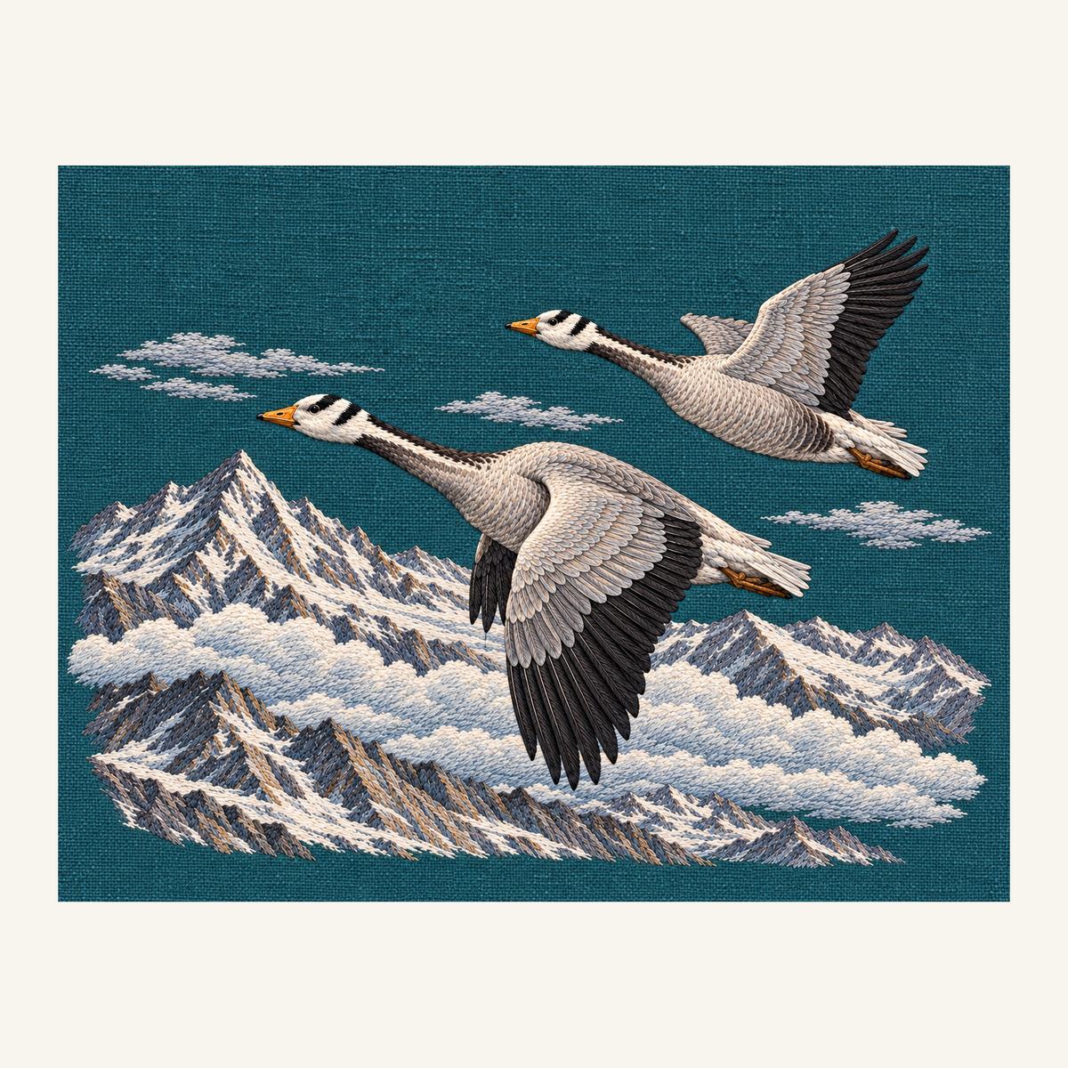 Digital embroidery reference showing two bar-headed geese above mountains on deep washed mineral-teal linen, landscape composition.