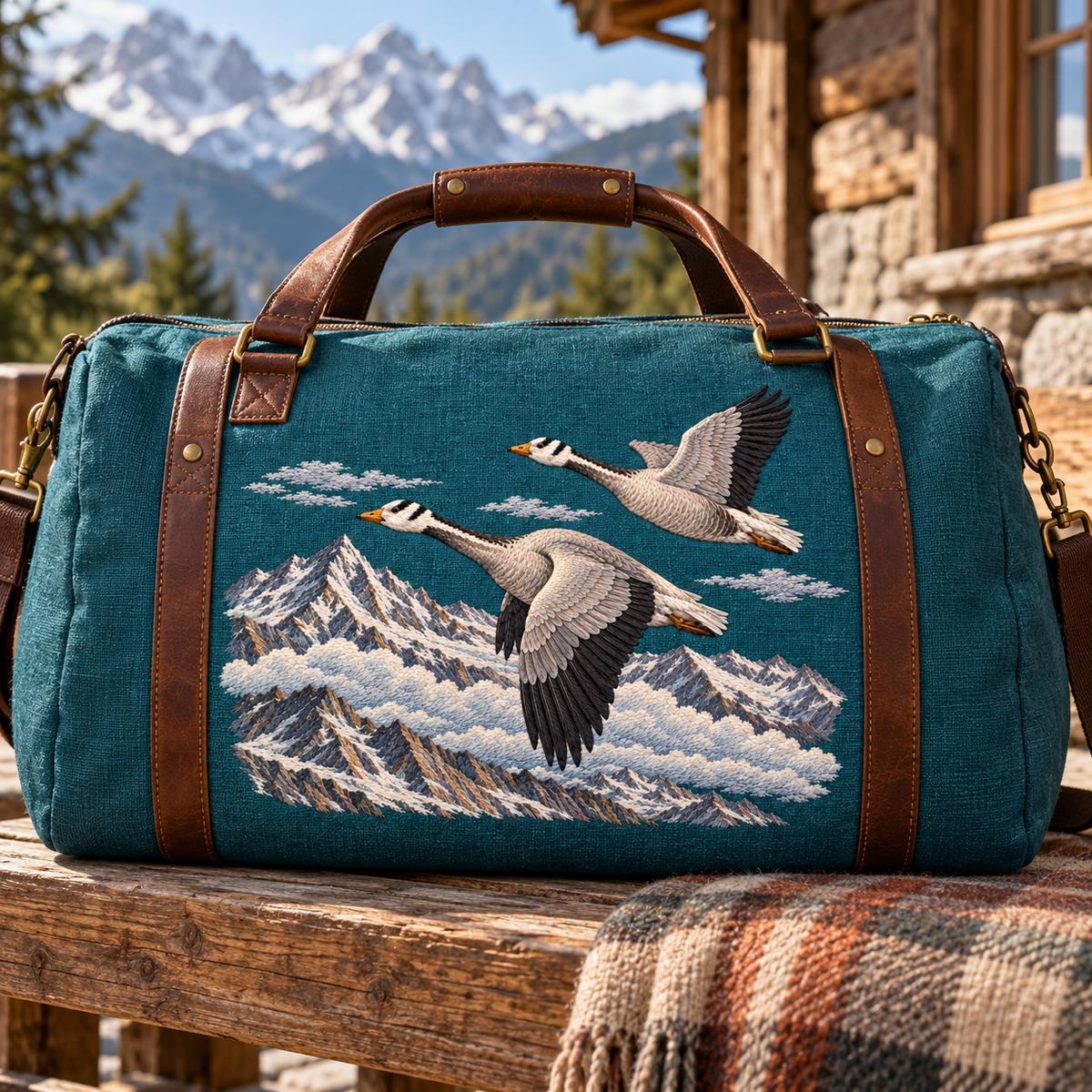 Bar-headed Goose Pair embroidery design in a digital mockup of A large landscape embroidered panel on the front of a teal wool-and-linen hiking duffel, width, leather straps kept outside design, set on an alpine lodge bench. Placement inspiration for Study 64.