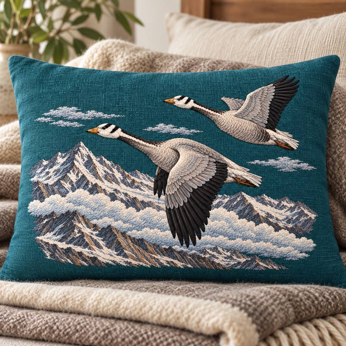 Bar-headed Goose Pair embroidery design in a digital mockup of A mineral-teal linen horizontal bed lumbar cushion with the full motif, placed centrally on folded natural wool blankets, no mountain props duplicating artwork. Placement inspiration for Study 64.