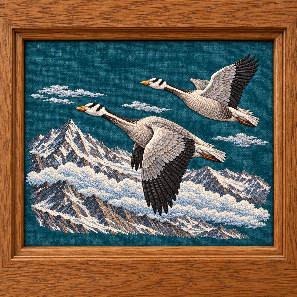 Bar-headed Goose Pair embroidery design in a digital mockup of A landscape embroidery inset in a broad oak cabin-door panel, matte teal linen recessed behind a fine wooden lip; close frontal photograph. Placement inspiration for Study 64.