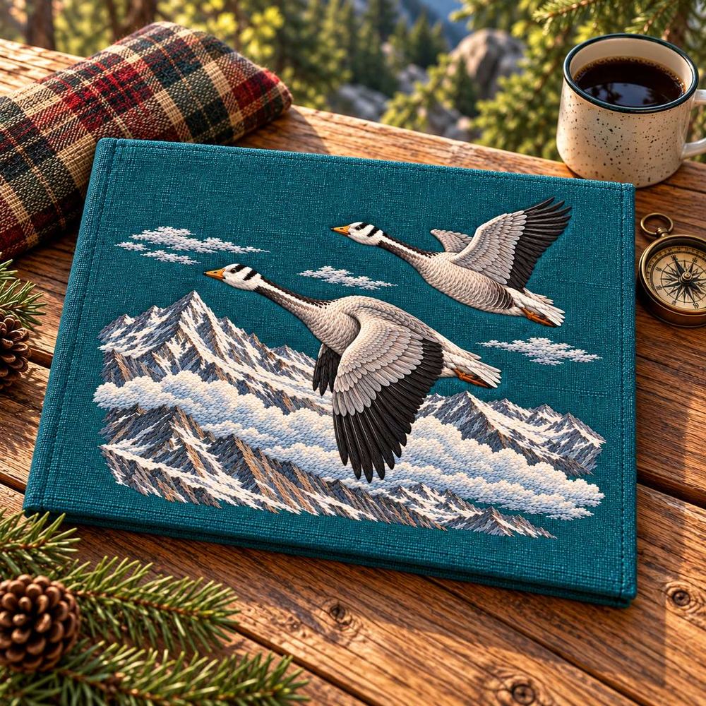 Bar-headed Goose Pair embroidery design in a digital mockup of A wide mineral-teal linen map-folder cover, landscape format, laid closed at a shallow angle on a lodge table beside a compass outside motif. Placement inspiration for Study 64.