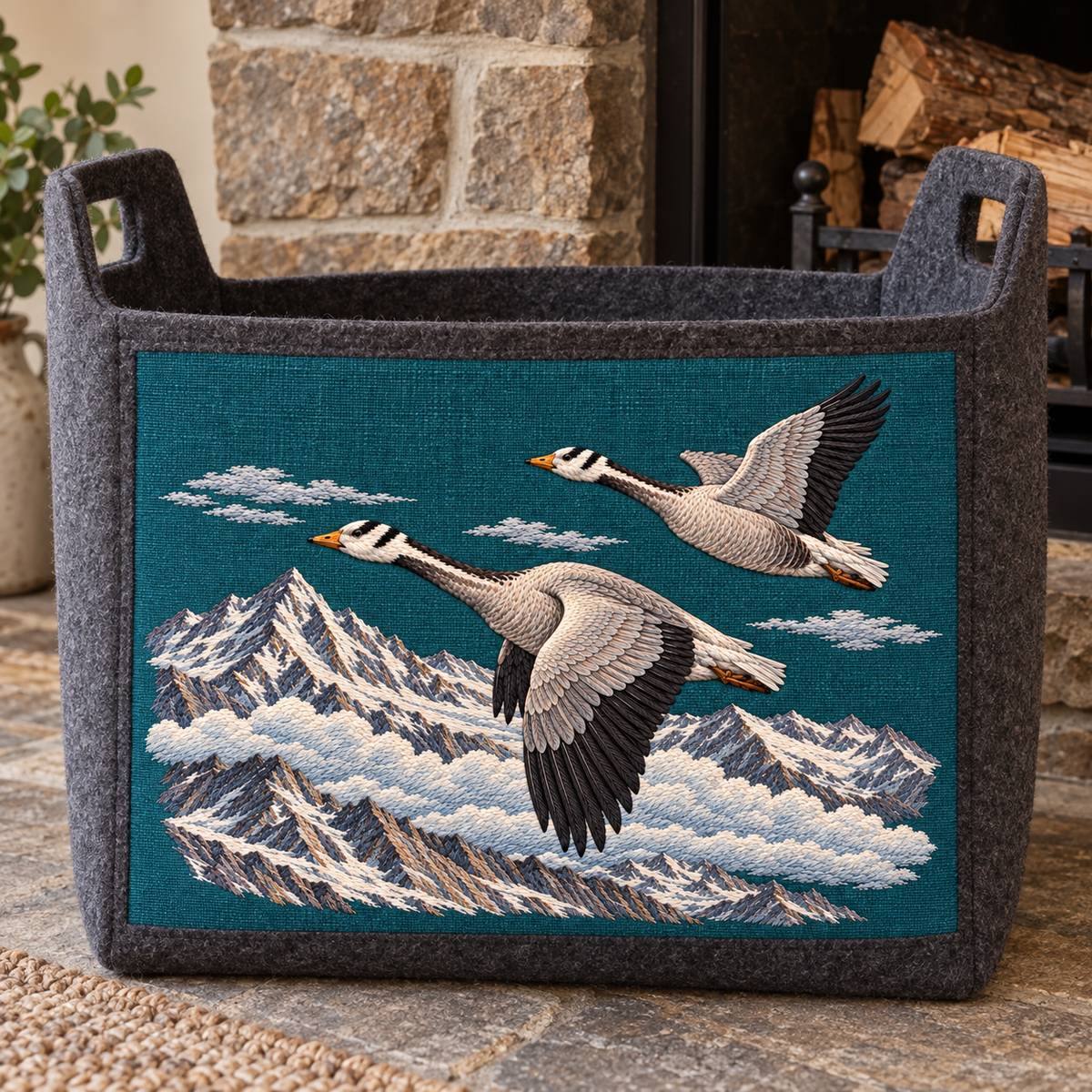 Bar-headed Goose Pair embroidery design in a digital mockup of A rectangular teal embroidered panel mounted on the front of a large plain felt firewood carrier, empty so face stays flat, displayed beside an unlit stone hearth. Placement inspiration for Study 64.