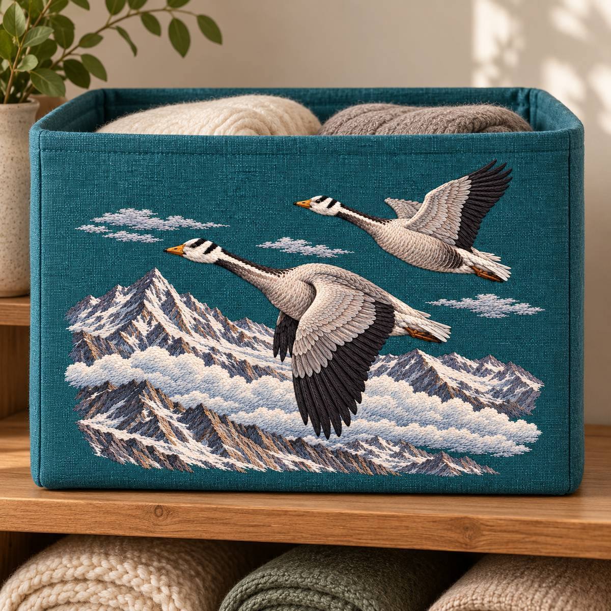 Bar-headed Goose Pair embroidery design in a digital mockup of A broad mineral-teal linen soft storage box with a horizontal embroidered front, displayed on a low wooden shelf containing rolled plain blankets. Placement inspiration for Study 64.