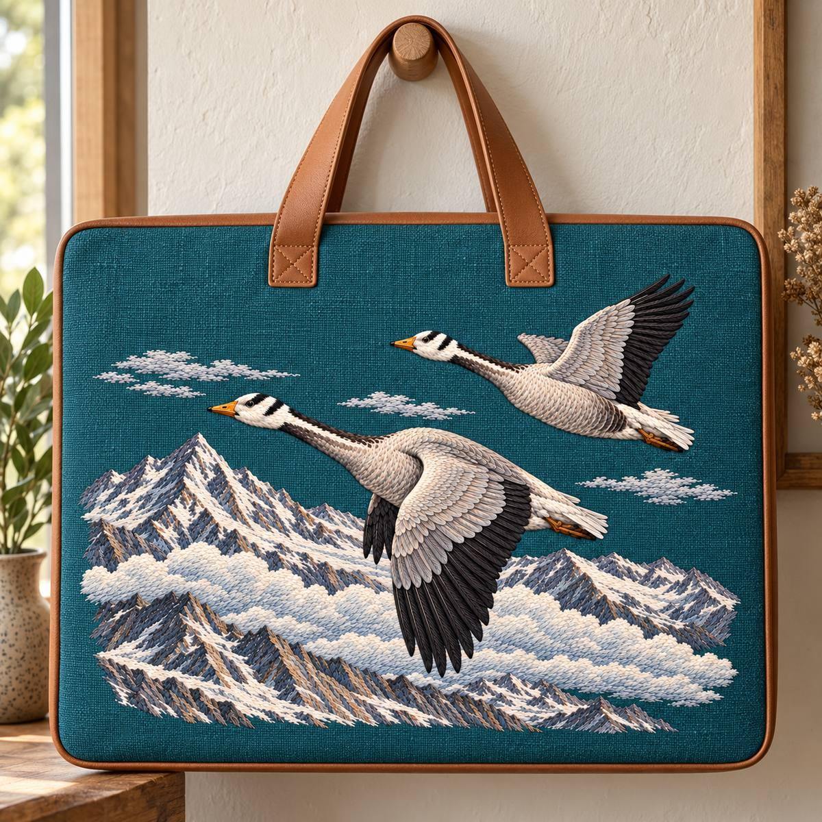 Bar-headed Goose Pair embroidery design in a digital mockup of A large padded sketchbook carrier with landscape teal embroidery panel and plain tan leather handles above, hung level on a single wide wall peg. Placement inspiration for Study 64.