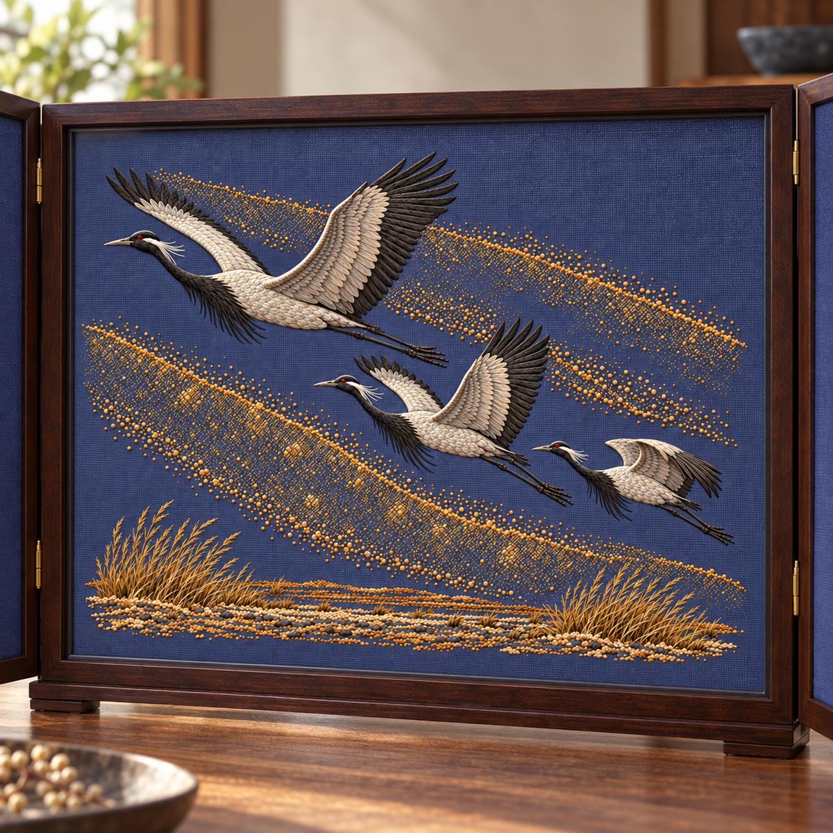 Demoiselle Crane Trio embroidery design shown in a digital mockup of A wide embroidery panel behind clear glazing in a freestanding hinged display case, open at slight angle, dark wood and blue-violet ground, no reflections hiding detail. Study 65.