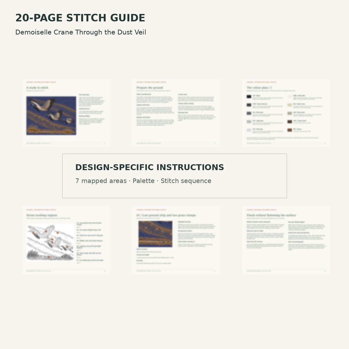 Protected page overview of the 20-page Demoiselle Crane Trio stitch guide, including its numbered map, suggested palette and working sequence.