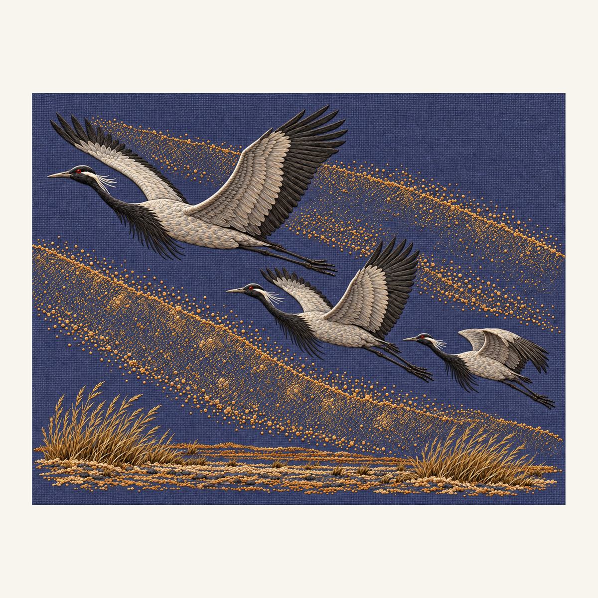 Digital embroidery reference showing three demoiselle cranes crossing a dust veil on deep smoky blue-violet linen, landscape composition.