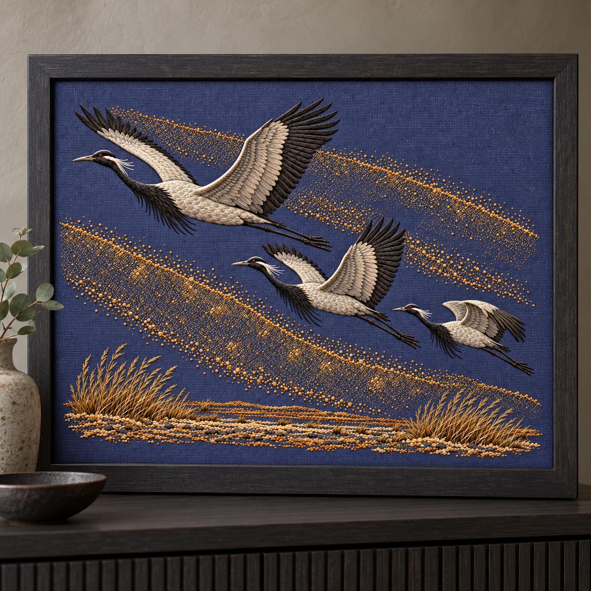 Demoiselle Crane Trio embroidery design in a digital mockup of A landscape embroidery panel inset in a wide charcoal wooden keepsake box front, smoky blue-violet linen, box on a low dark console with ceramic vessel at side. Placement inspiration for Study 65.