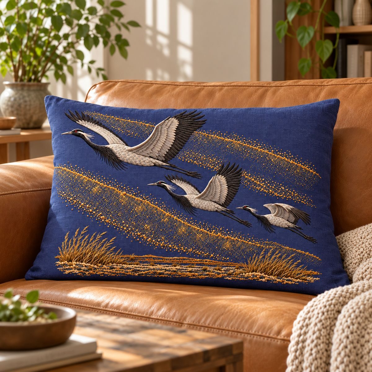 Demoiselle Crane Trio embroidery design in a digital mockup of A wide rectangular blue-violet linen cushion on a long natural leather sofa, soft oblique light highlighting fine embroidery, entire motif. Placement inspiration for Study 65.