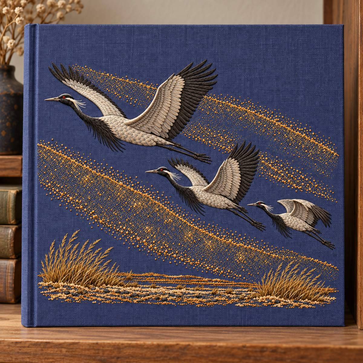 Demoiselle Crane Trio embroidery design in a digital mockup of A landscape embroidery insert on a large blue-violet linen bookbinding press cover displayed vertically on a craftsman's shelf, plain wood base. Placement inspiration for Study 65.