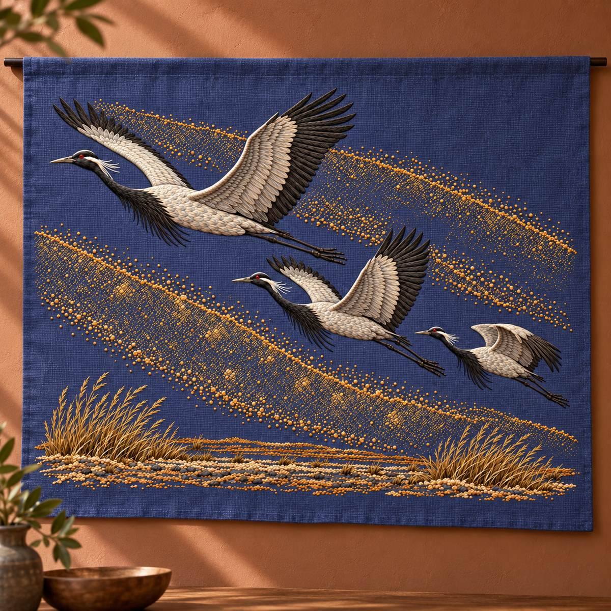 Demoiselle Crane Trio embroidery design in a digital mockup of A broad ceremonial textile panel hanging horizontally from a slim dark rod, smoky blue-violet cloth with a simple hem, warm clay wall behind. Placement inspiration for Study 65.