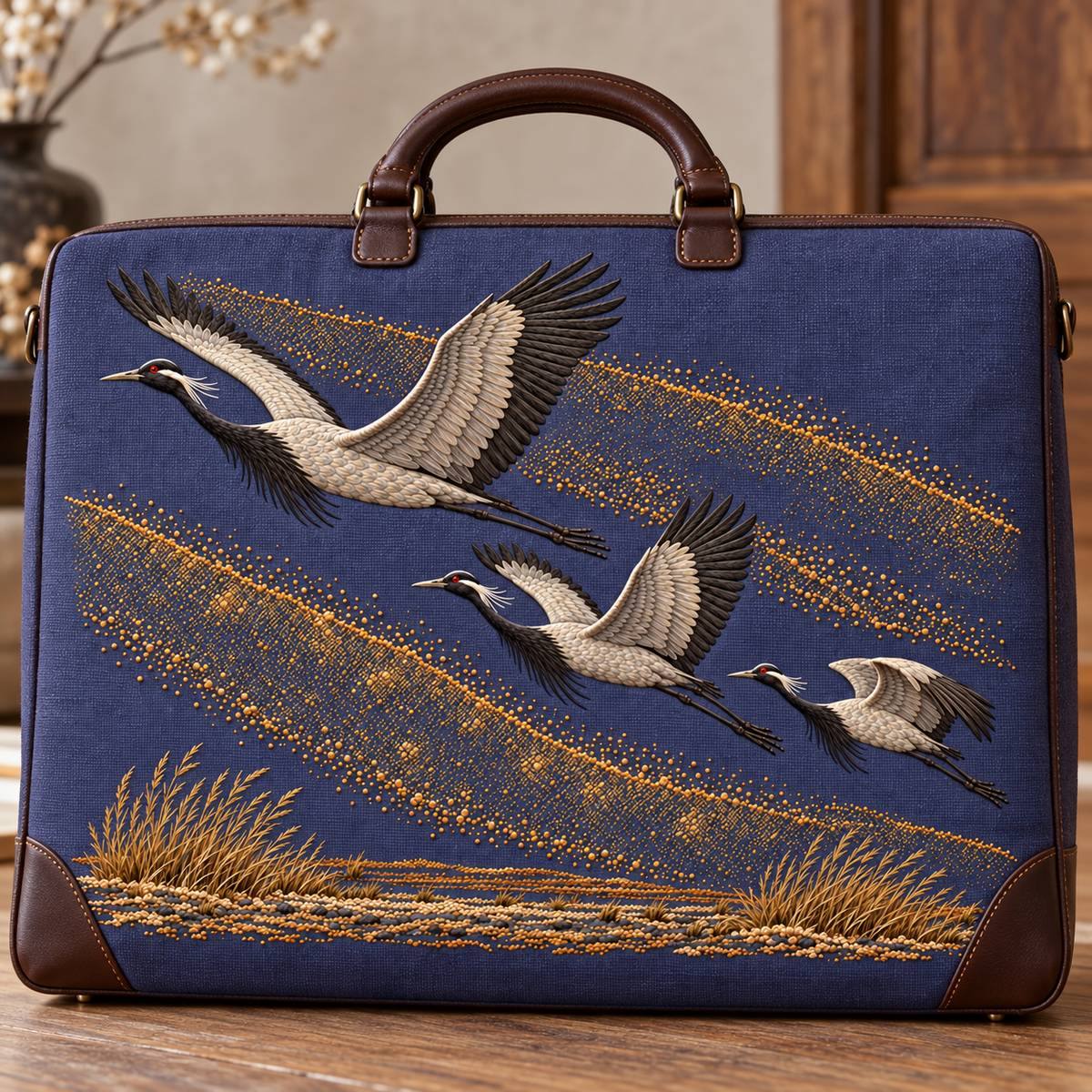 Demoiselle Crane Trio embroidery design in a digital mockup of A landscape embroidered front on a large document satchel of deep violet linen, plain leather corners and top handle outside design, standing on studio floor. Placement inspiration for Study 65.