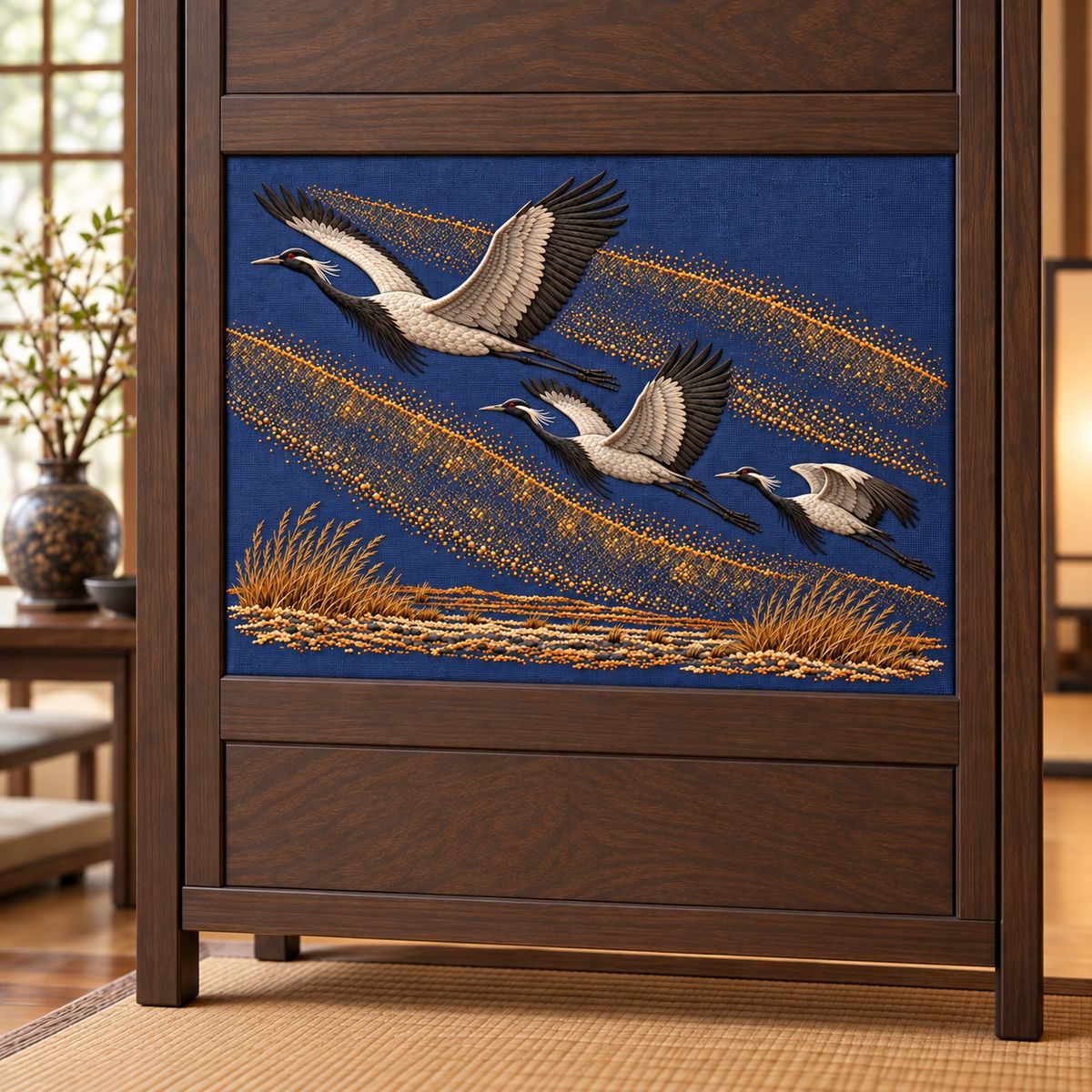 Demoiselle Crane Trio embroidery design in a digital mockup of A horizontal embroidered inset in a single wardrobe door at eye level, dark ash wood with blue-violet linen, cropped room view but entire panel shown. Placement inspiration for Study 65.