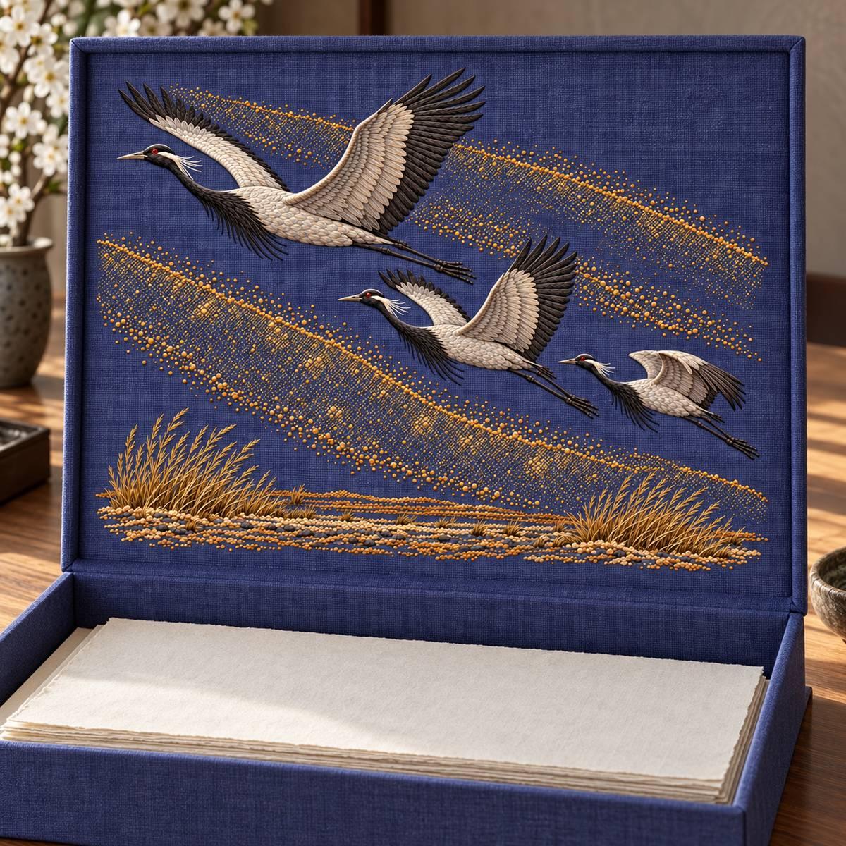 Demoiselle Crane Trio embroidery design in a digital mockup of A wide blue-violet linen textile panel on the removable inner lid of an open archival print box, blank papers below; lid upright, full motif. Placement inspiration for Study 65.