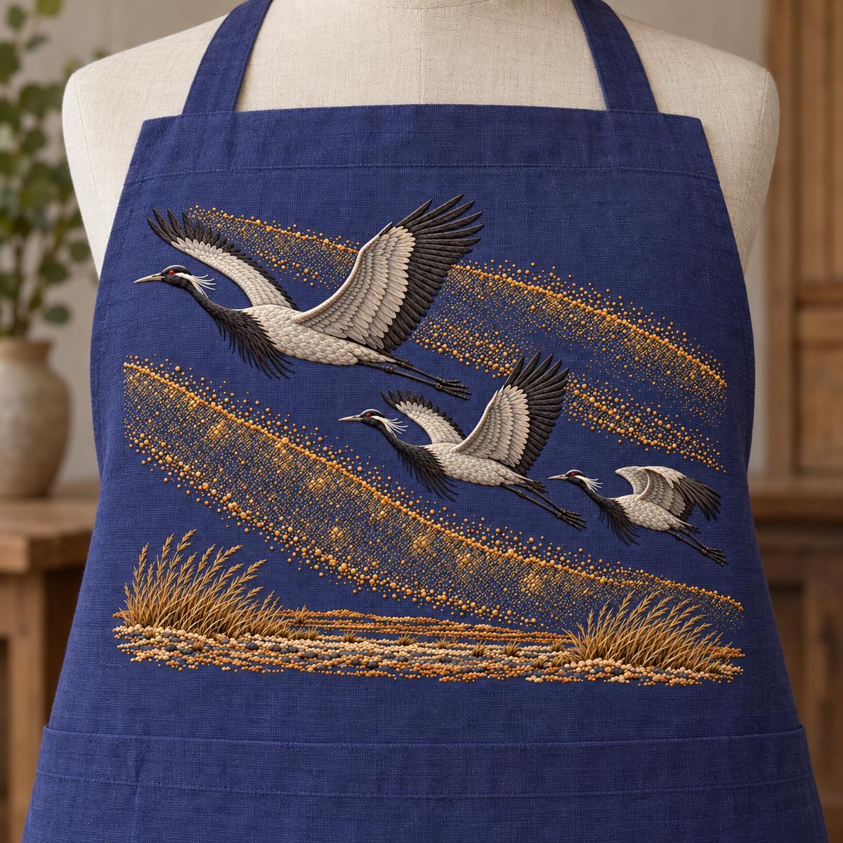 Demoiselle Crane Trio embroidery design in a digital mockup of A large rectangular embroidery panel on a plain deep blue-violet artist apron chest, tailor form frontal, panel , apron broad enough and no ties crossing it. Placement inspiration for Study 65.
