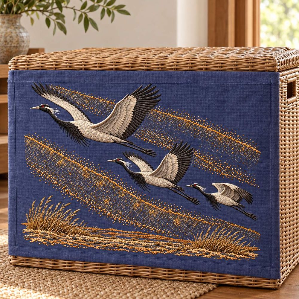 Demoiselle Crane Trio embroidery design in a digital mockup of A landscape embroidered cloth wrapping the broad front of a rectangular woven willow storage hamper, cloth flat with plain linen border, complete motif above handles. Placement inspiration for Study 65.