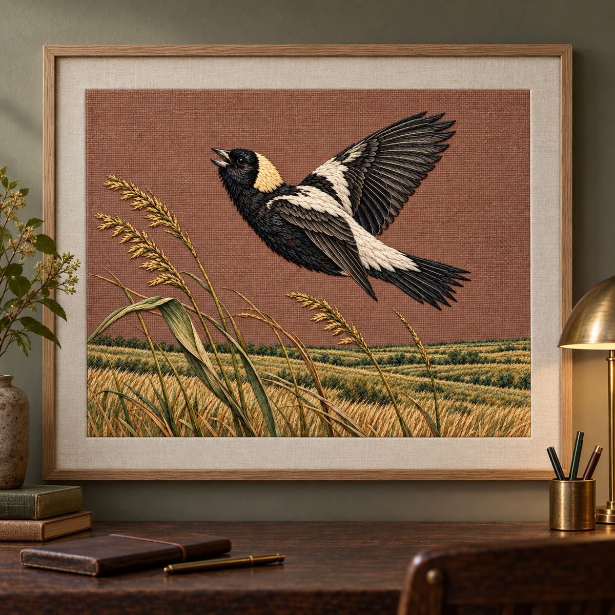 Bobolink embroidery design shown in a digital mockup of A landscape textile on a stretched conservation mount suspended above a dark writing desk, narrow ash frame and generous plain cloth margin. Study 66.