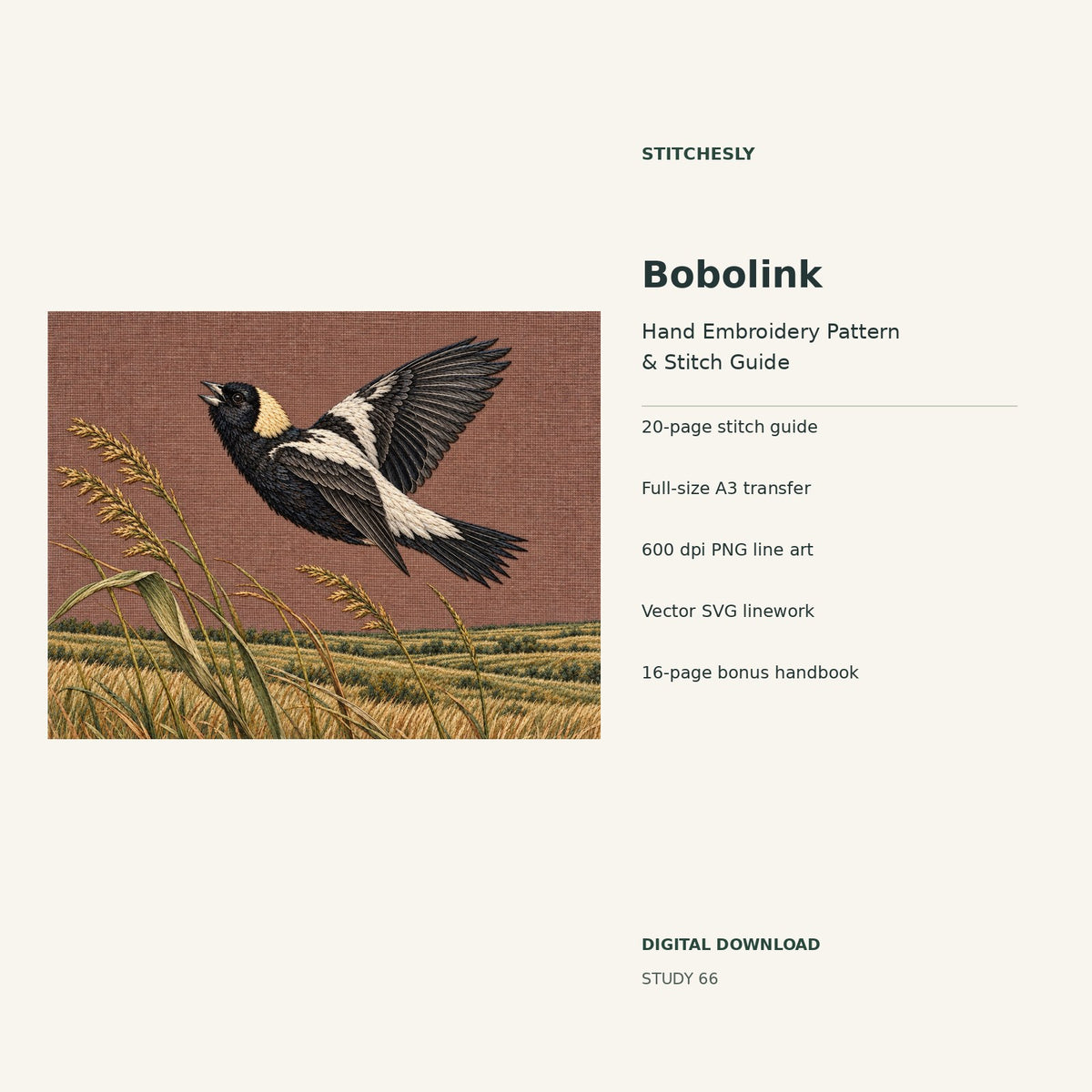 Bobolink hand embroidery digital package cover showing the reference artwork and included guide, transfer, PNG, SVG and bonus handbook.