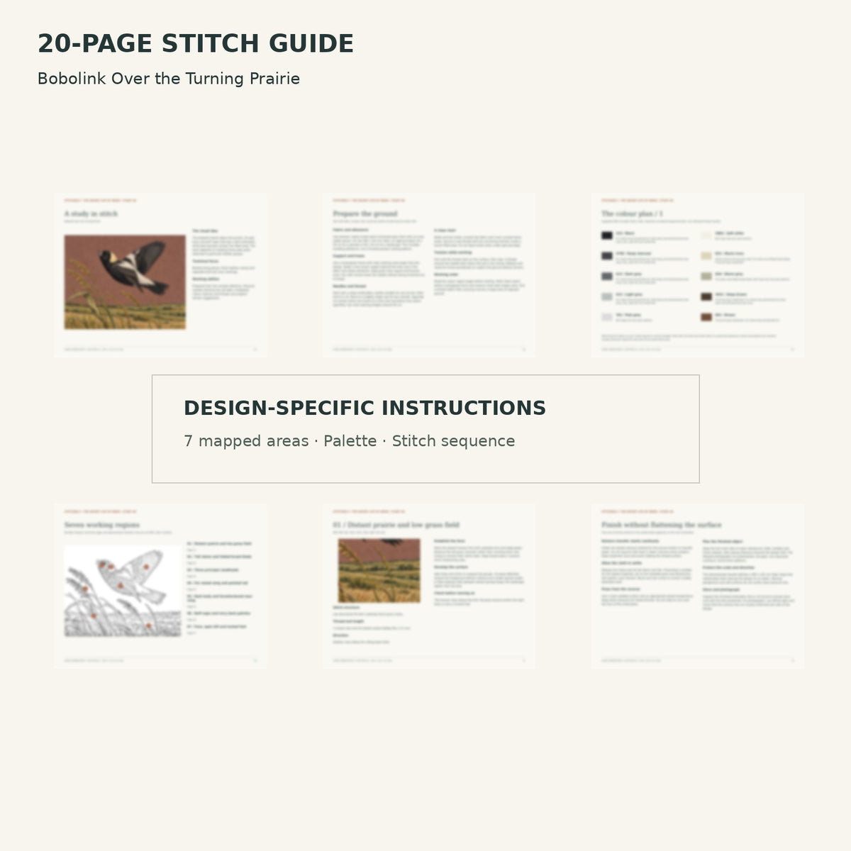 Protected page overview of the 20-page Bobolink stitch guide, including its numbered map, suggested palette and working sequence.