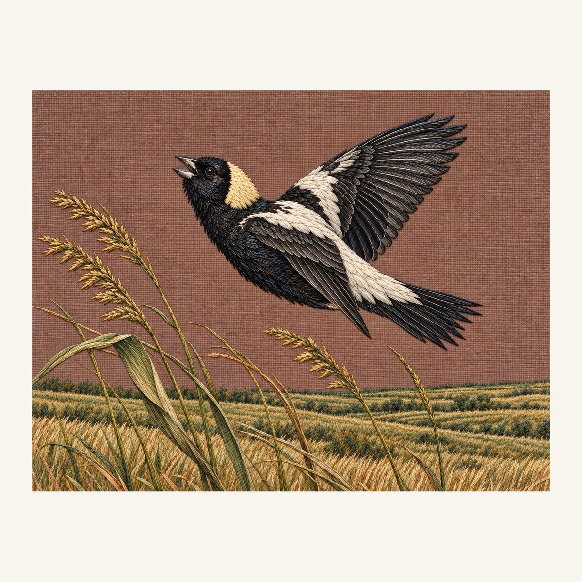 Digital embroidery reference showing a bobolink banking above prairie grasses on muted warm terracotta-grey linen, landscape composition.