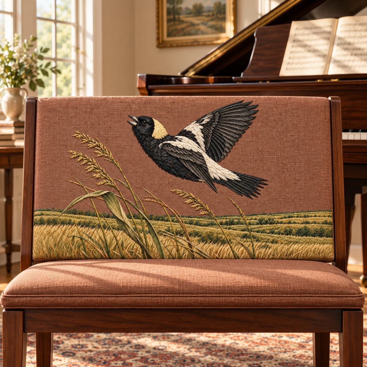 Bobolink embroidery design in a digital mockup of A landscape embroidery panel on a terracotta linen piano bench backrest in a sunlit music studio, bench wide, bird flying left. Placement inspiration for Study 66.