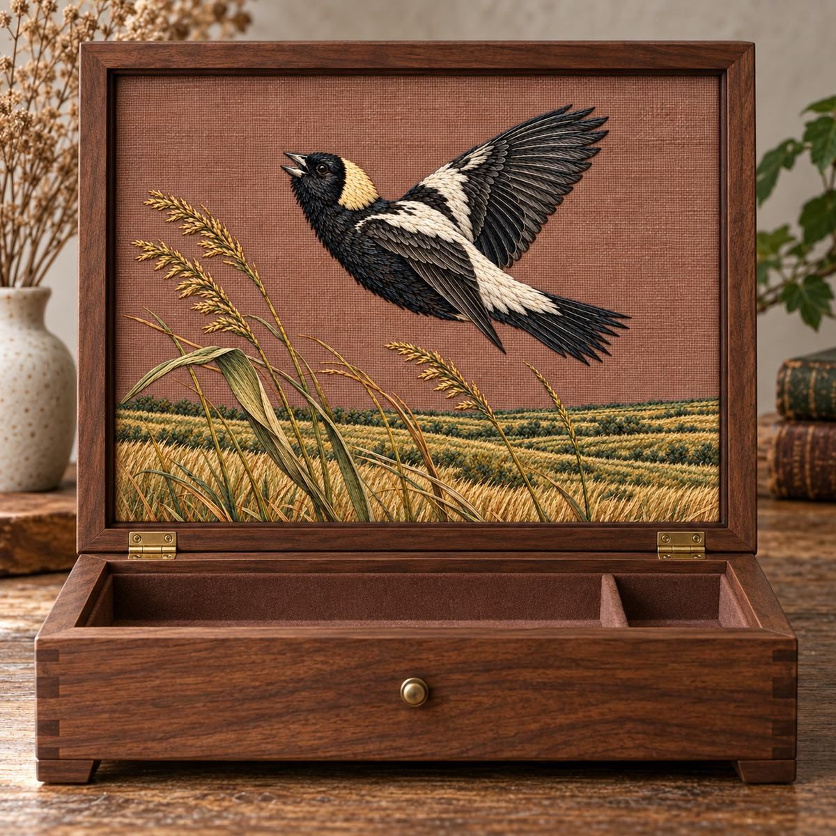 Bobolink embroidery design in a digital mockup of A walnut hinged music manuscript box with the landscape textile inside its upright lid, front-on view, lid. Placement inspiration for Study 66.