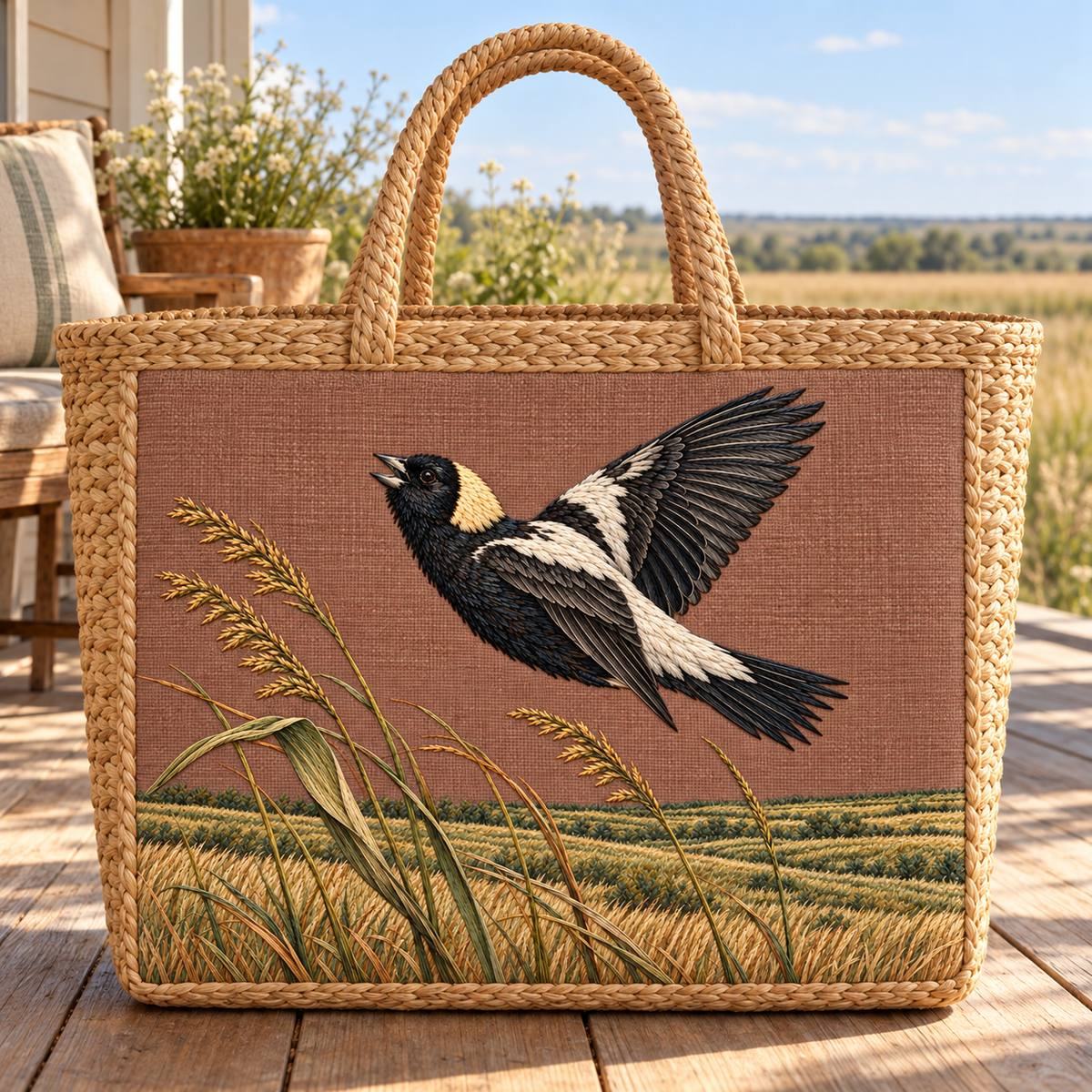 Bobolink embroidery design in a digital mockup of A wheat-coloured rectangular market basket with the original terracotta textile forming its wide front pocket, open prairie porch. Placement inspiration for Study 66.
