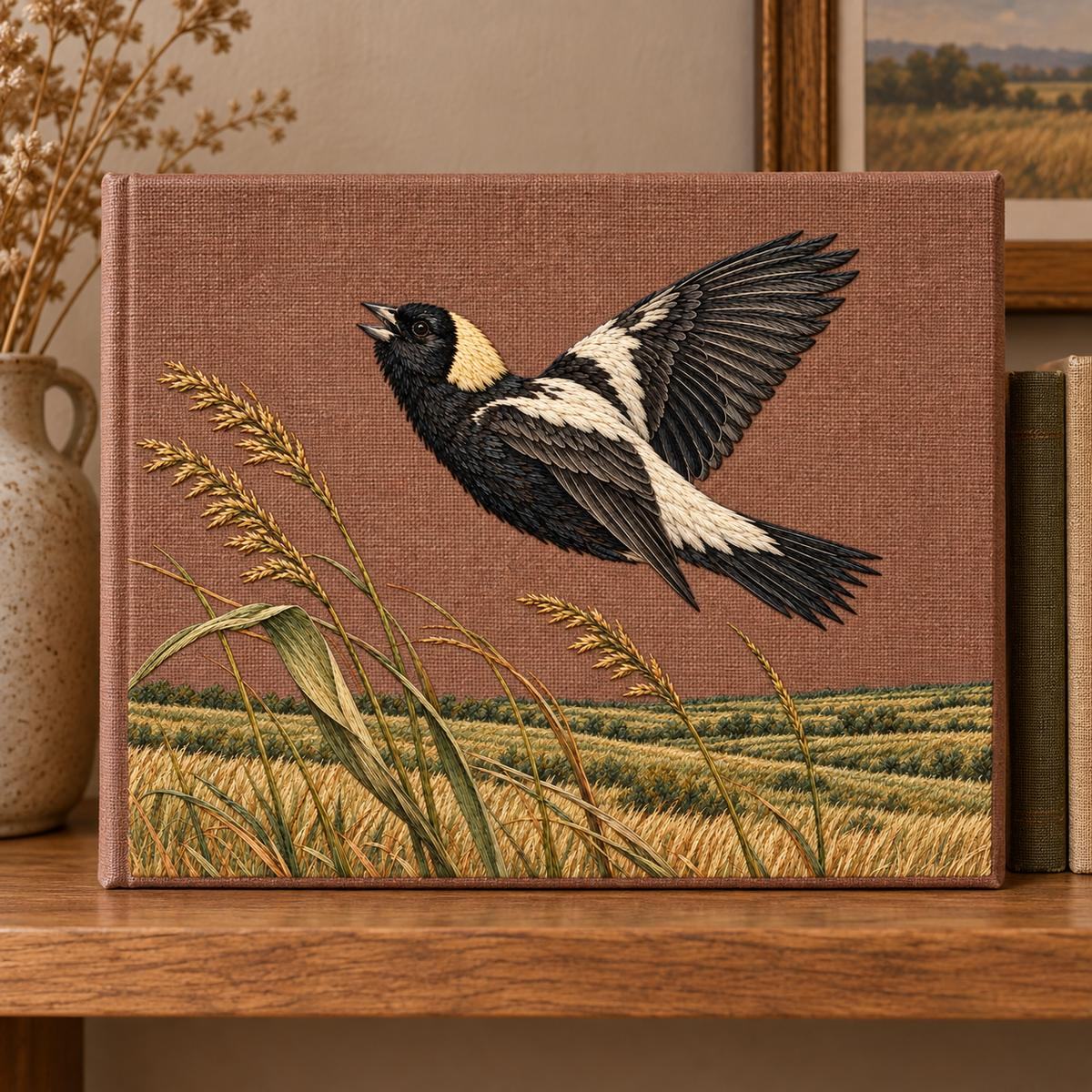 Bobolink embroidery design in a digital mockup of A large landscape field-journal slipcase standing upright on an oak shelf, cloth design panel30x23., no spine text. Placement inspiration for Study 66.