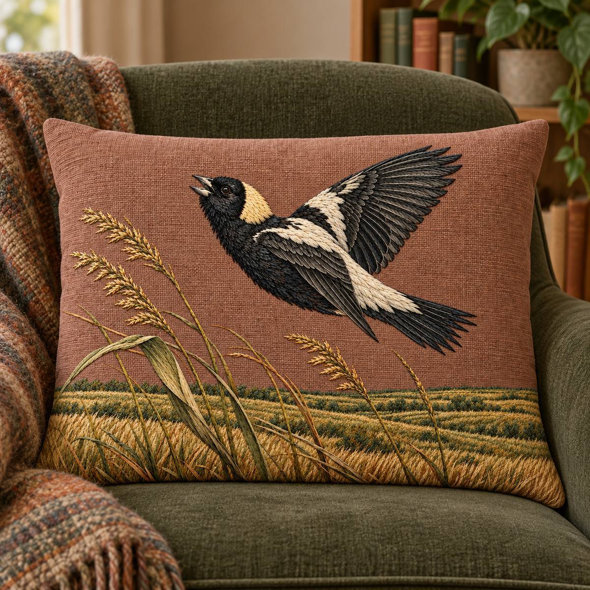 Bobolink embroidery design in a digital mockup of A low rectangular cushion on a moss-green reading chair, original terracotta cloth central field, cushion50x38cm. Placement inspiration for Study 66.