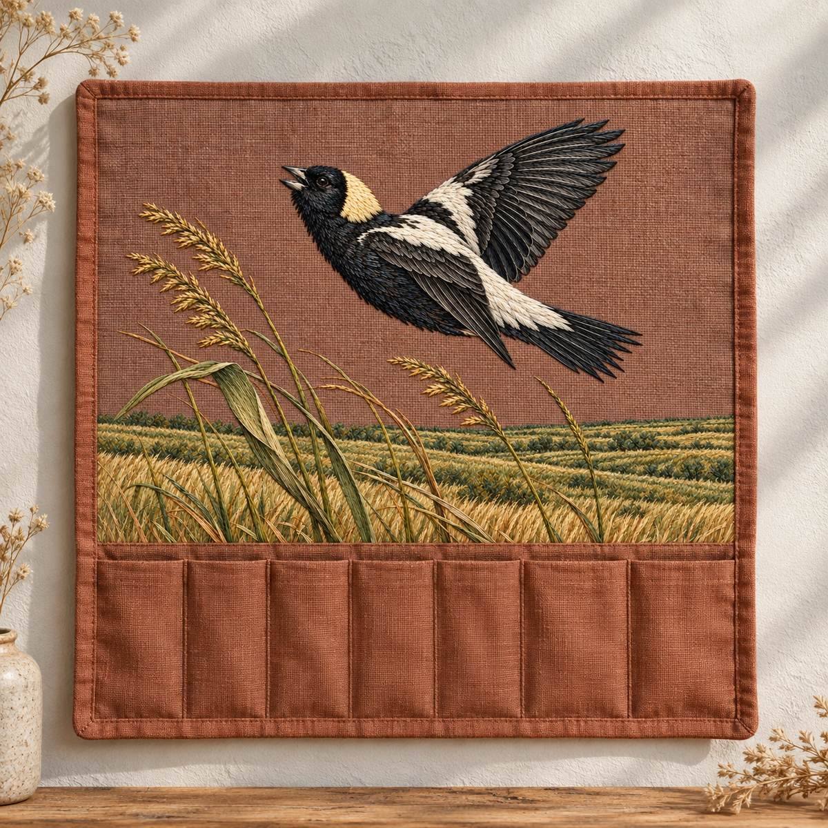 Bobolink embroidery design in a digital mockup of A broad terracotta artist tool roll OPEN flat vertically on a studio wall, landscape embroidered upper panel and plain pockets below, no tools obscure design. Placement inspiration for Study 66.