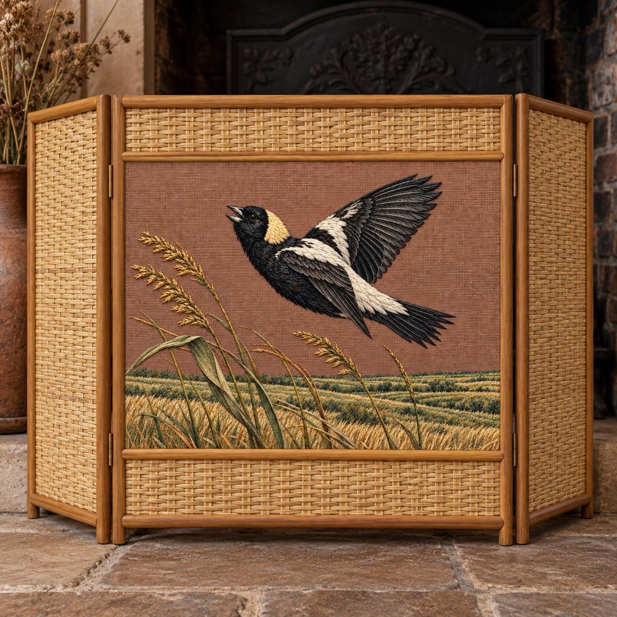 Bobolink embroidery design in a digital mockup of A landscape panel mounted in a woven reed folding fire screen, matte terracotta centre and straw outer weave, unlit hearth. Placement inspiration for Study 66.