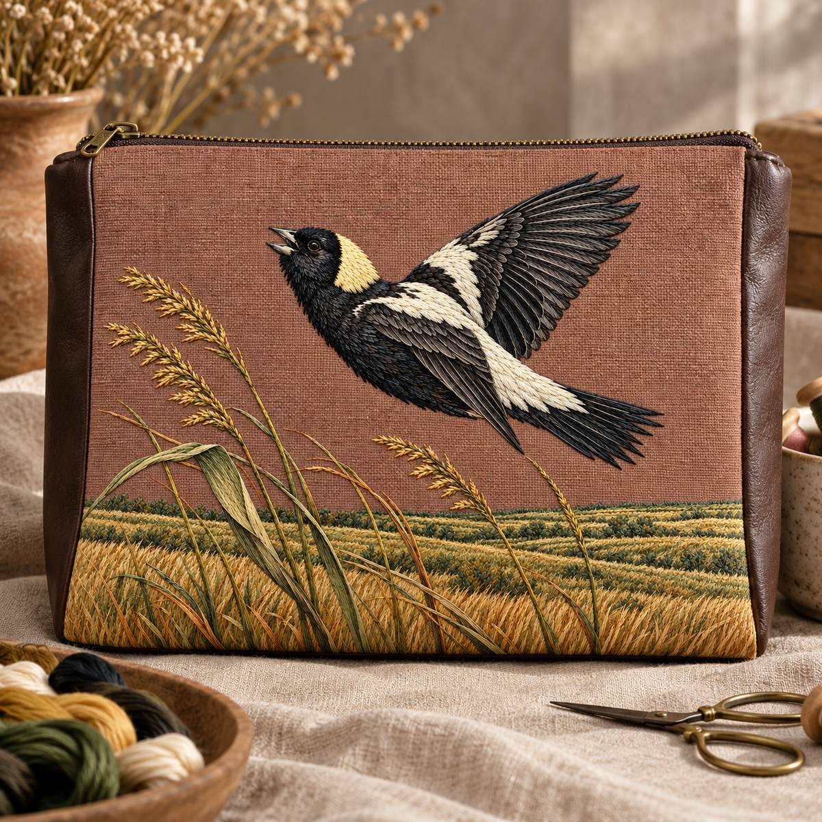 Bobolink embroidery design in a digital mockup of A wide zippered embroidery project bag on a linen-covered worktable, terracotta front and dark brown leather side gussets. Placement inspiration for Study 66.