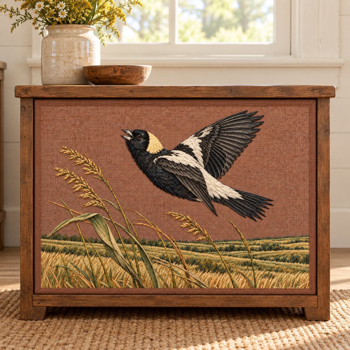 Bobolink embroidery design in a digital mockup of A textile-front low storage drawer beneath a farmhouse window, landscape panel bordered by plain terracotta cloth, frontal view. Placement inspiration for Study 66.