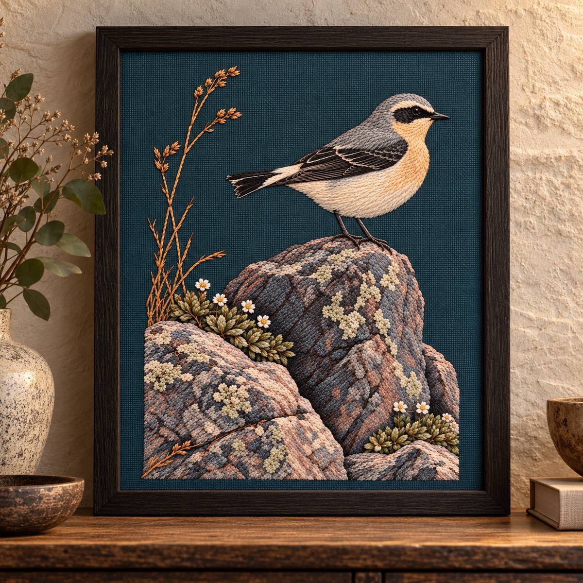 Wheatear embroidery design shown in a digital mockup of A portrait framed textile on a narrow hallway console, blackened oak frame and softly lit stone wall. Study 67.