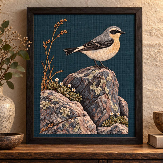 Wheatear embroidery design shown in a digital mockup of A portrait framed textile on a narrow hallway console, blackened oak frame and softly lit stone wall. Study 67.