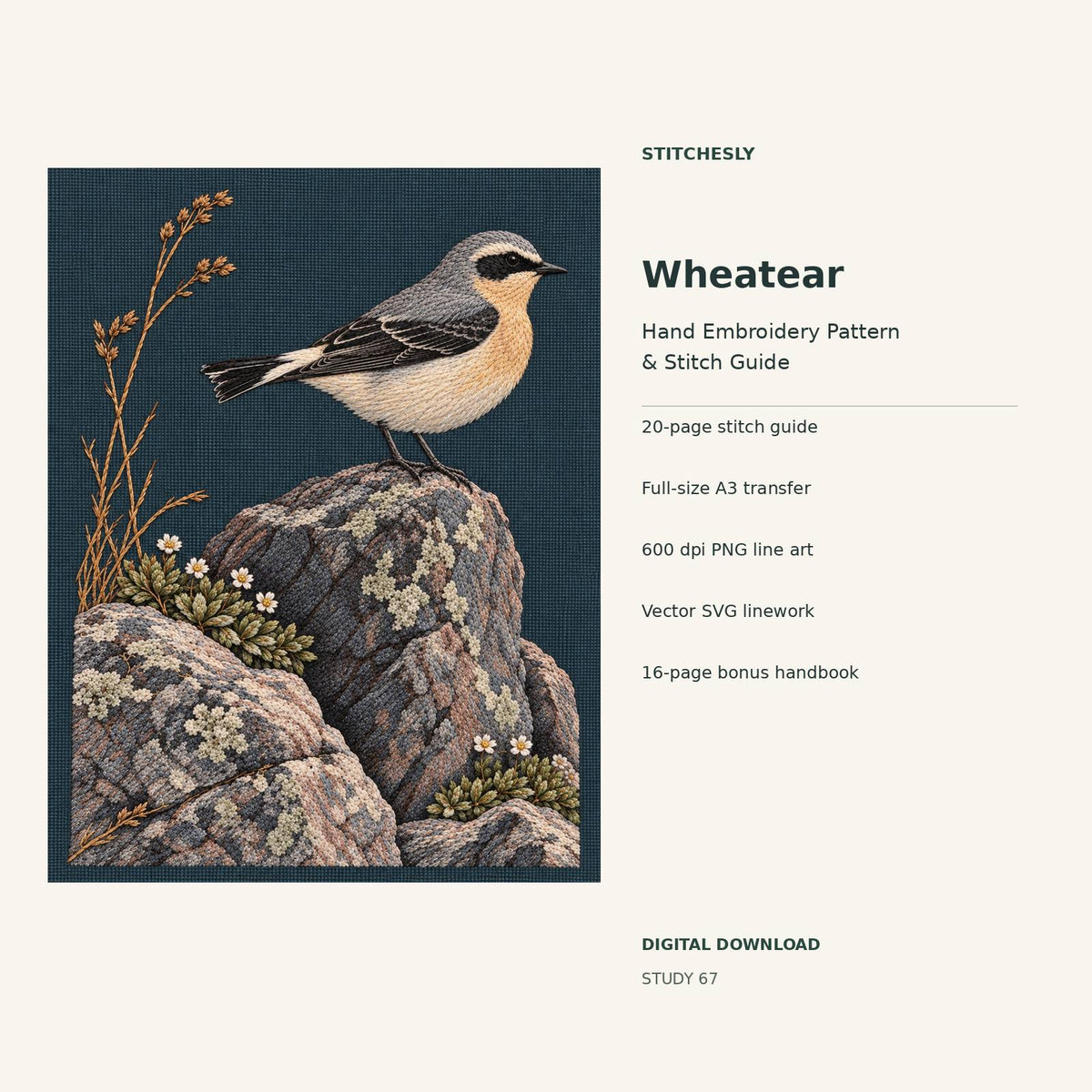 Wheatear hand embroidery digital package cover showing the reference artwork and included guide, transfer, PNG, SVG and bonus handbook.