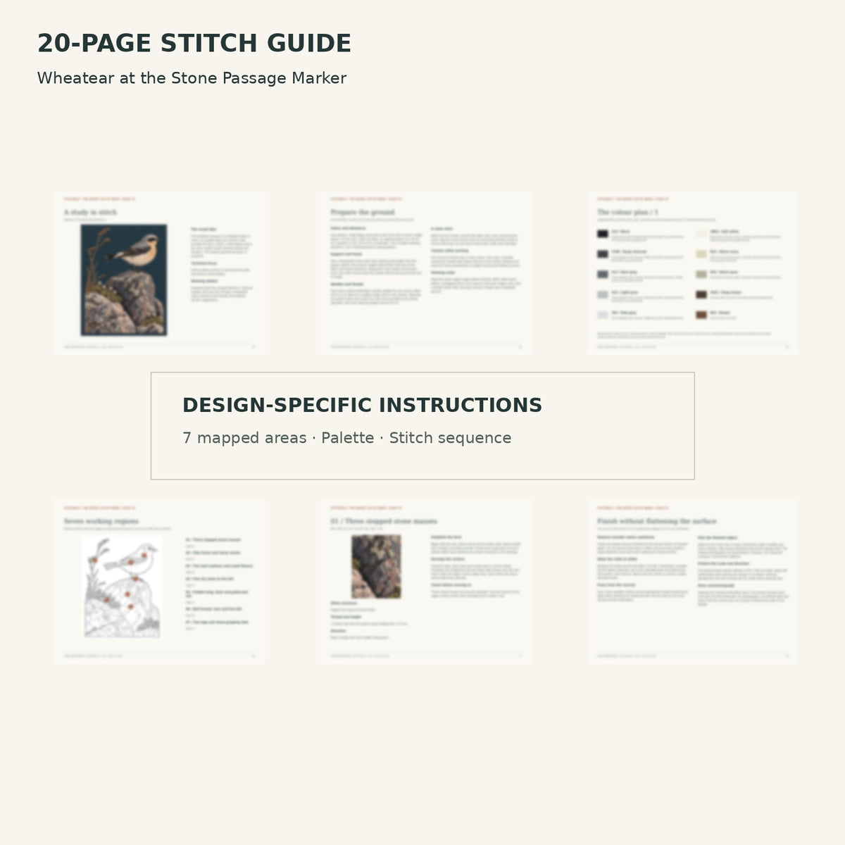 Protected page overview of the 20-page Wheatear stitch guide, including its numbered map, suggested palette and working sequence.