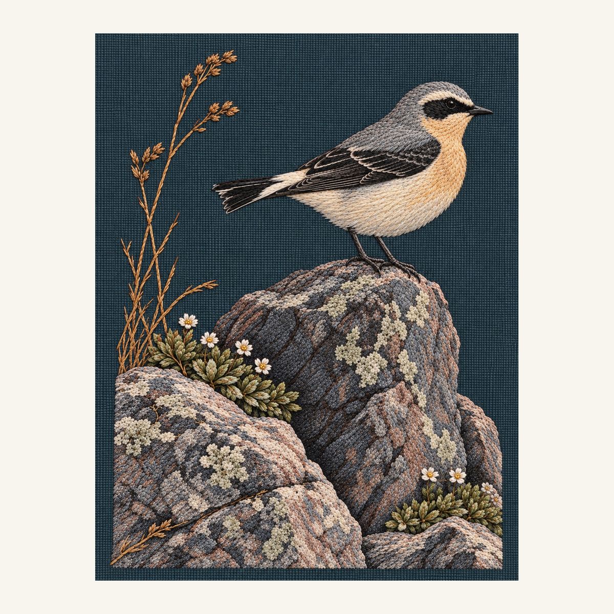 Digital embroidery reference showing a wheatear perched on lichen-covered stone on deep smoky plum-teal linen, portrait composition.