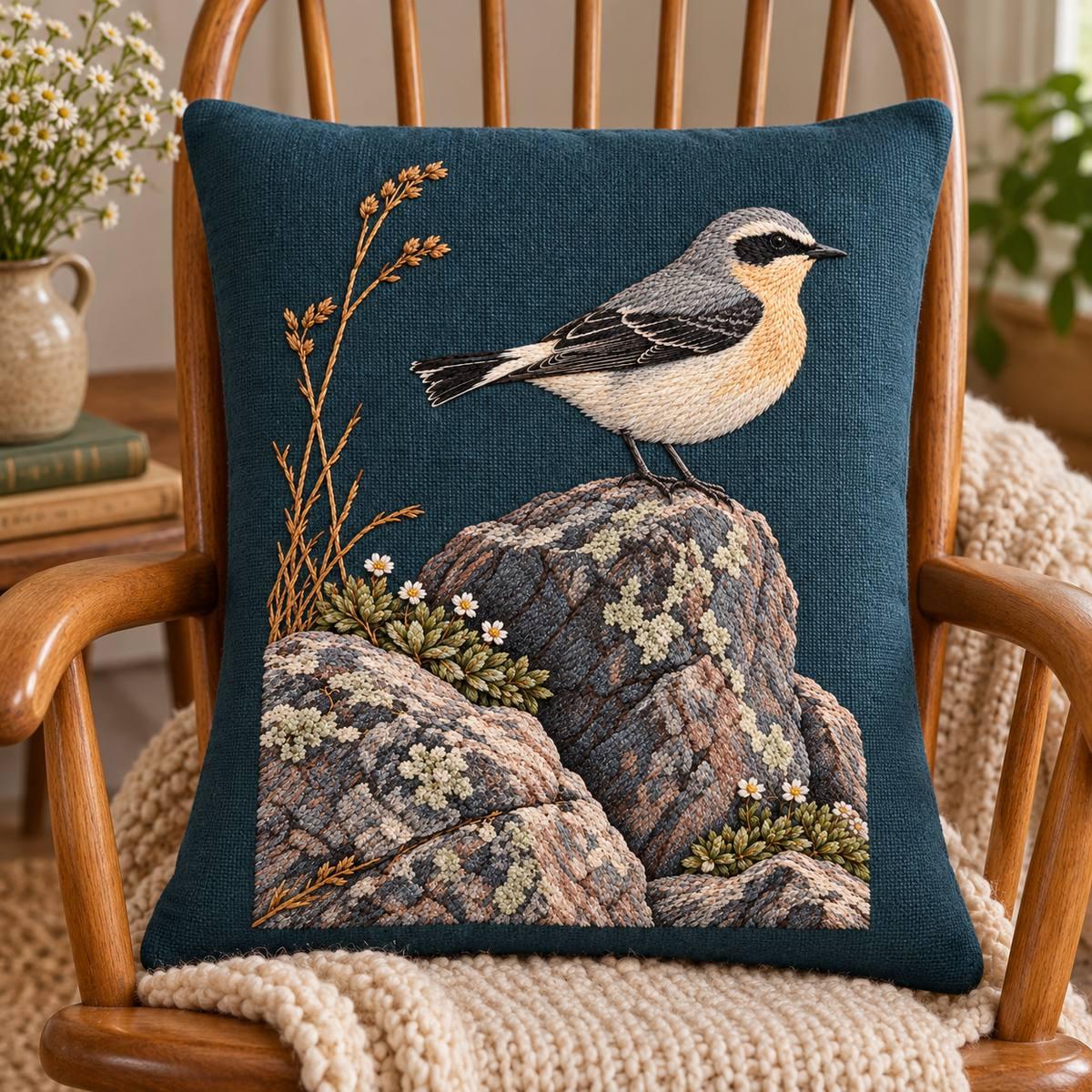 Wheatear embroidery design in a digital mockup of A tall narrow portrait linen cushion in a bentwood rocking chair, original teal panel23., cushion. Placement inspiration for Study 67.