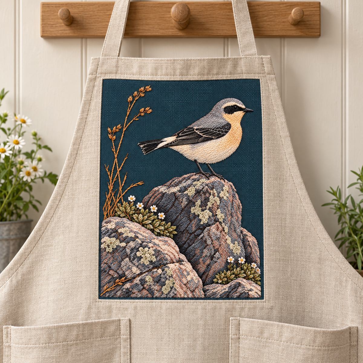 Wheatear embroidery design in a digital mockup of A portrait pocket on a pale oat gardener apron hanging flat on a peg, entire upright bird and rocks visible, empty pockets. Placement inspiration for Study 67.
