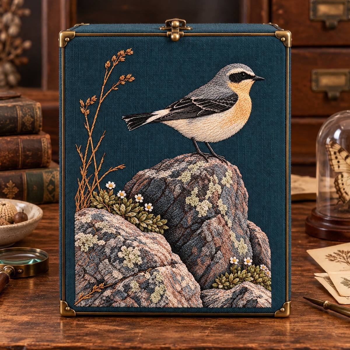 Wheatear embroidery design in a digital mockup of A tall square-bottom herbarium case with portrait teal textile front, clasp above panel, naturalist desk without plants obscuring motif. Placement inspiration for Study 67.