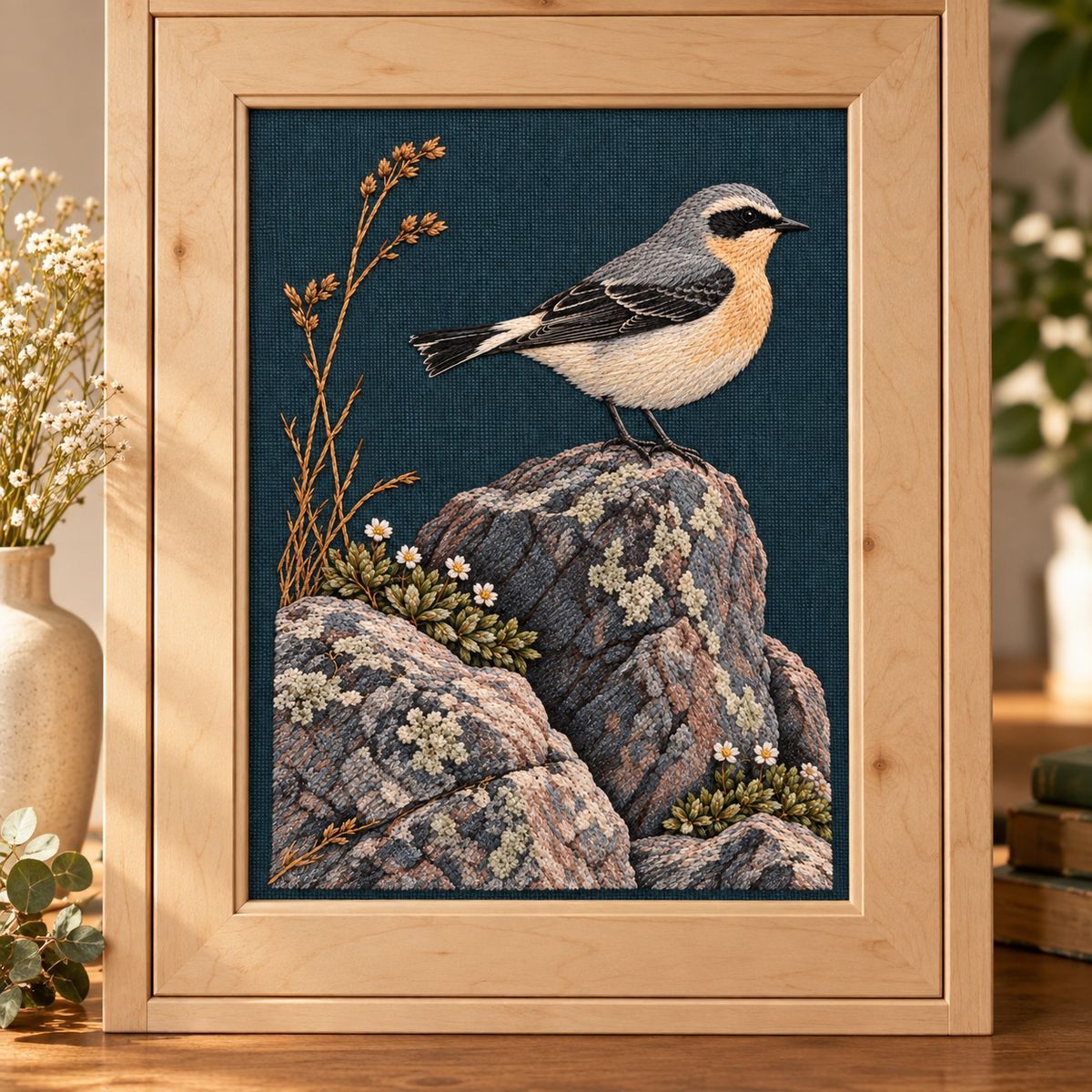 Wheatear embroidery design in a digital mockup of A portrait cloth inset in a birch cabinet door, intact rocks below bird and dry stem left, front-on interior photo. Placement inspiration for Study 67.