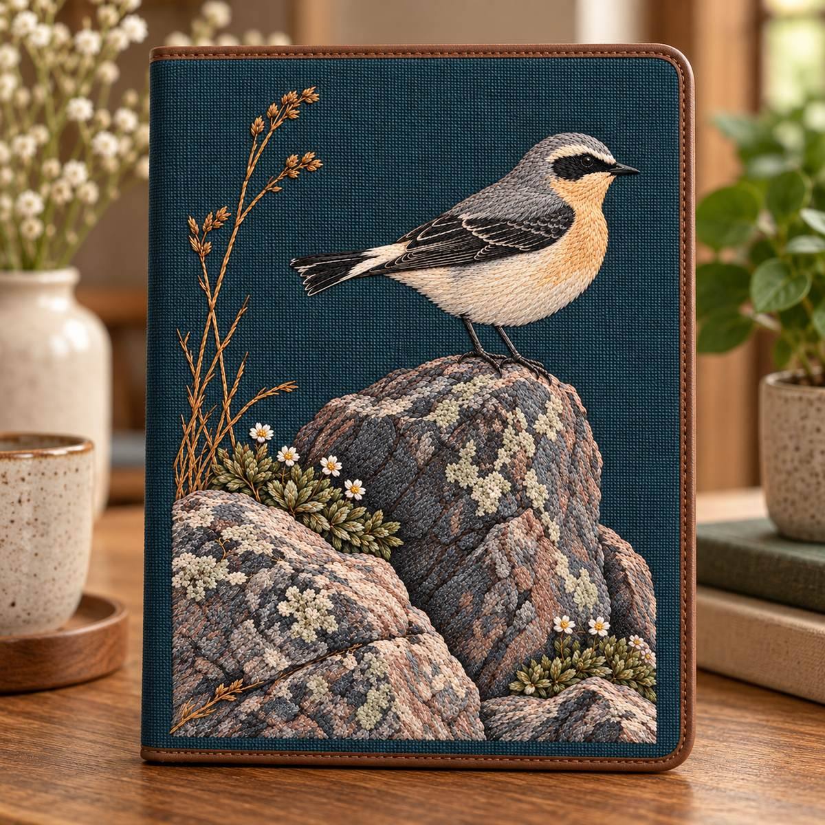 Wheatear embroidery design in a digital mockup of A tall padded tablet folio standing upright on a cafe sideboard, teal linen cover, plain brown trim, upright portrait design. Placement inspiration for Study 67.