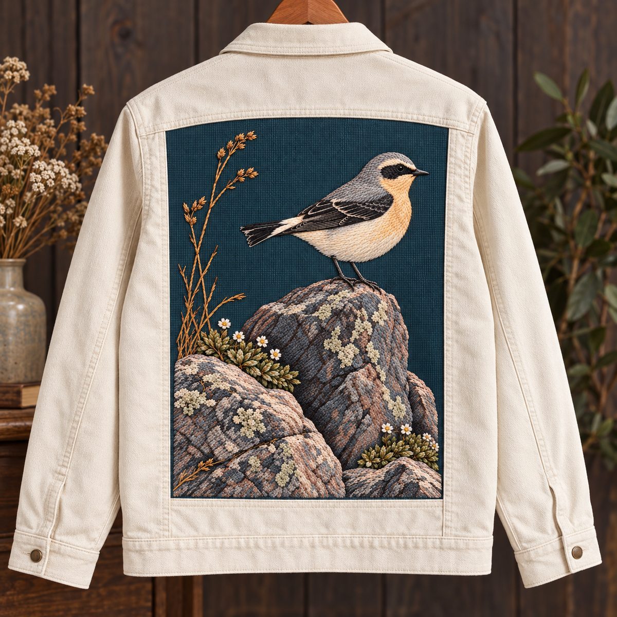 Wheatear embroidery design in a digital mockup of A portrait embroidery panel on the back of a cream denim chore jacket hanging on a wooden hanger, no folds across bird. Placement inspiration for Study 67.