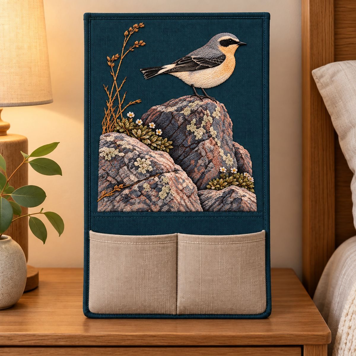 Wheatear embroidery design in a digital mockup of A narrow bedside fabric organiser with portrait embroidered upper section and two plain pockets below; teal on oat linen. Placement inspiration for Study 67.
