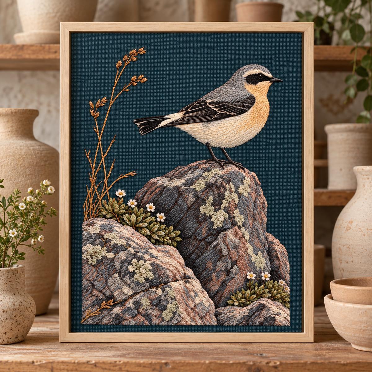 Wheatear embroidery design in a digital mockup of A portrait mounted textile resting on a pottery studio shelf between plain unglazed vessels, full motif in a pale wood floater frame. Placement inspiration for Study 67.
