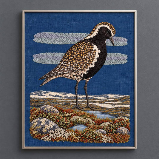 Golden Plover embroidery design shown in a digital mockup of A portrait storm-blue textile in a silver narrow frame on a slate-grey gallery wall, museum calm with full upright plover. Study 68.
